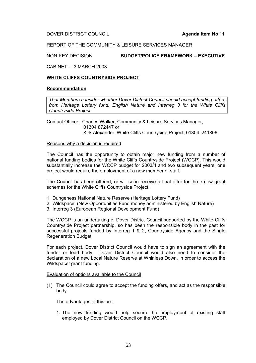 63 DOVER DISTRICT COUNCIL Agenda Item No 11 REPORT OF