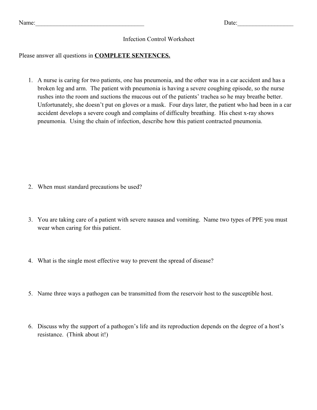 Infection Control Worksheet