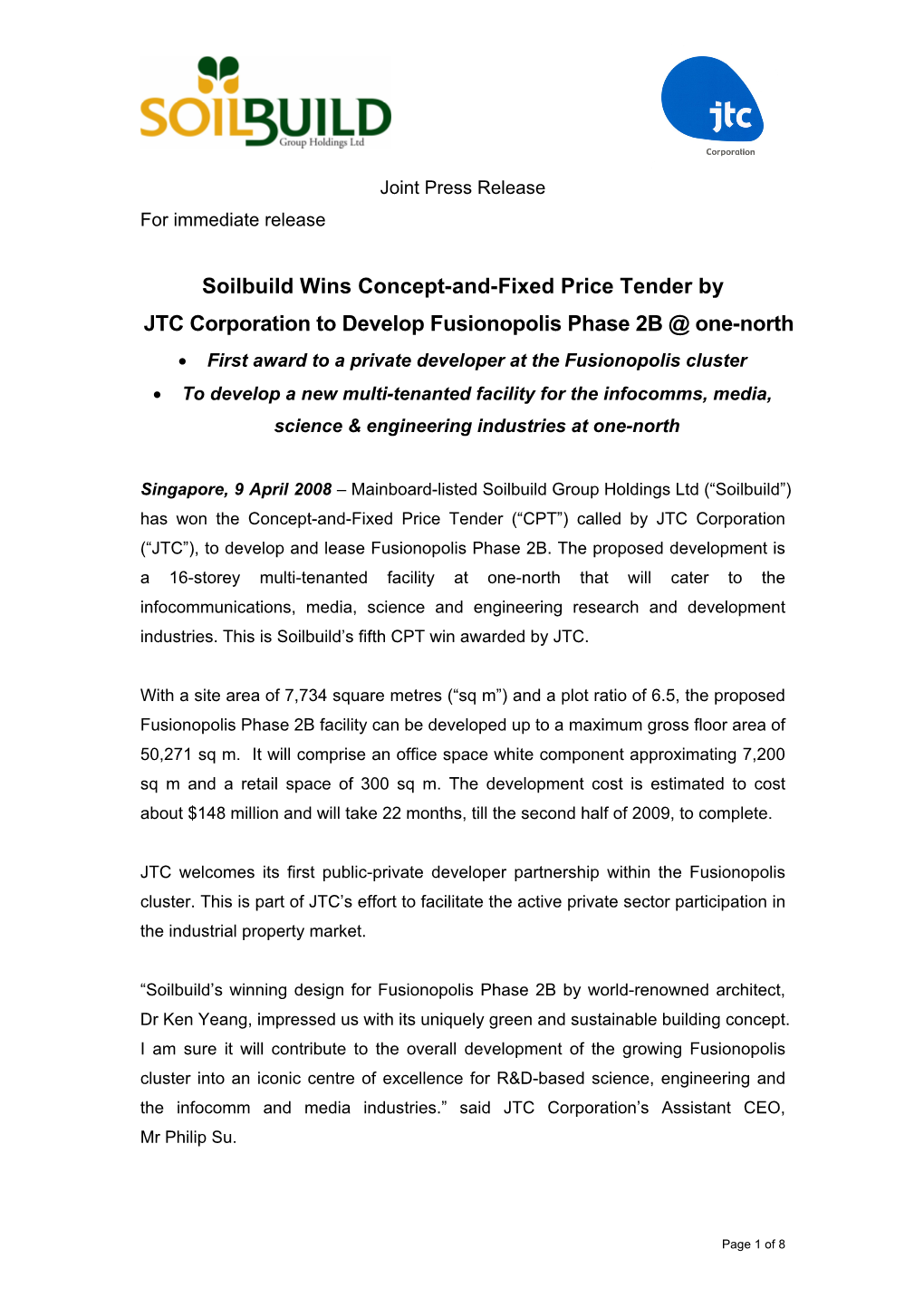 Soilbuild Wins Concept-And-Fixed Price Tender by JTC Corporation to Develop Fusionopolis Phase 2B @ One-North