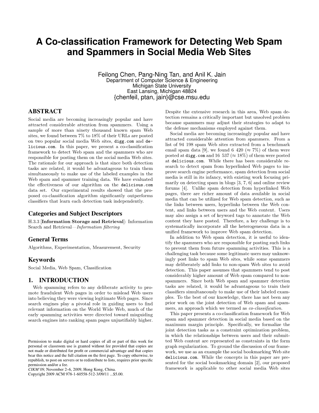 A Co-Classification Framework for Detecting Web Spam