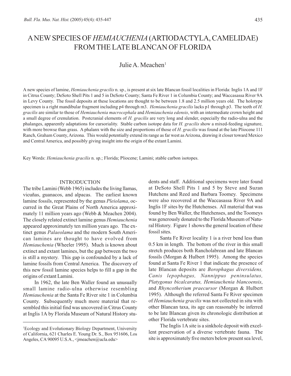 A New Species of Hemiauchenia (Artiodactyla, Camelidae) from the Late Blancan of Florida