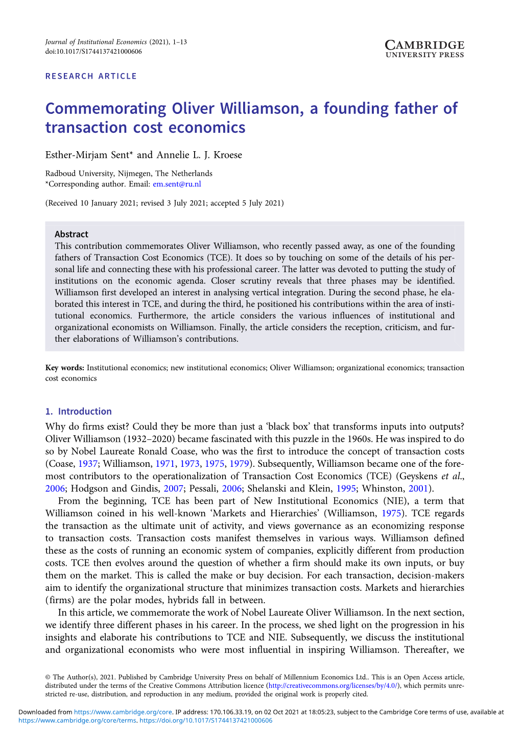 Commemorating Oliver Williamson, a Founding Father of Transaction Cost Economics