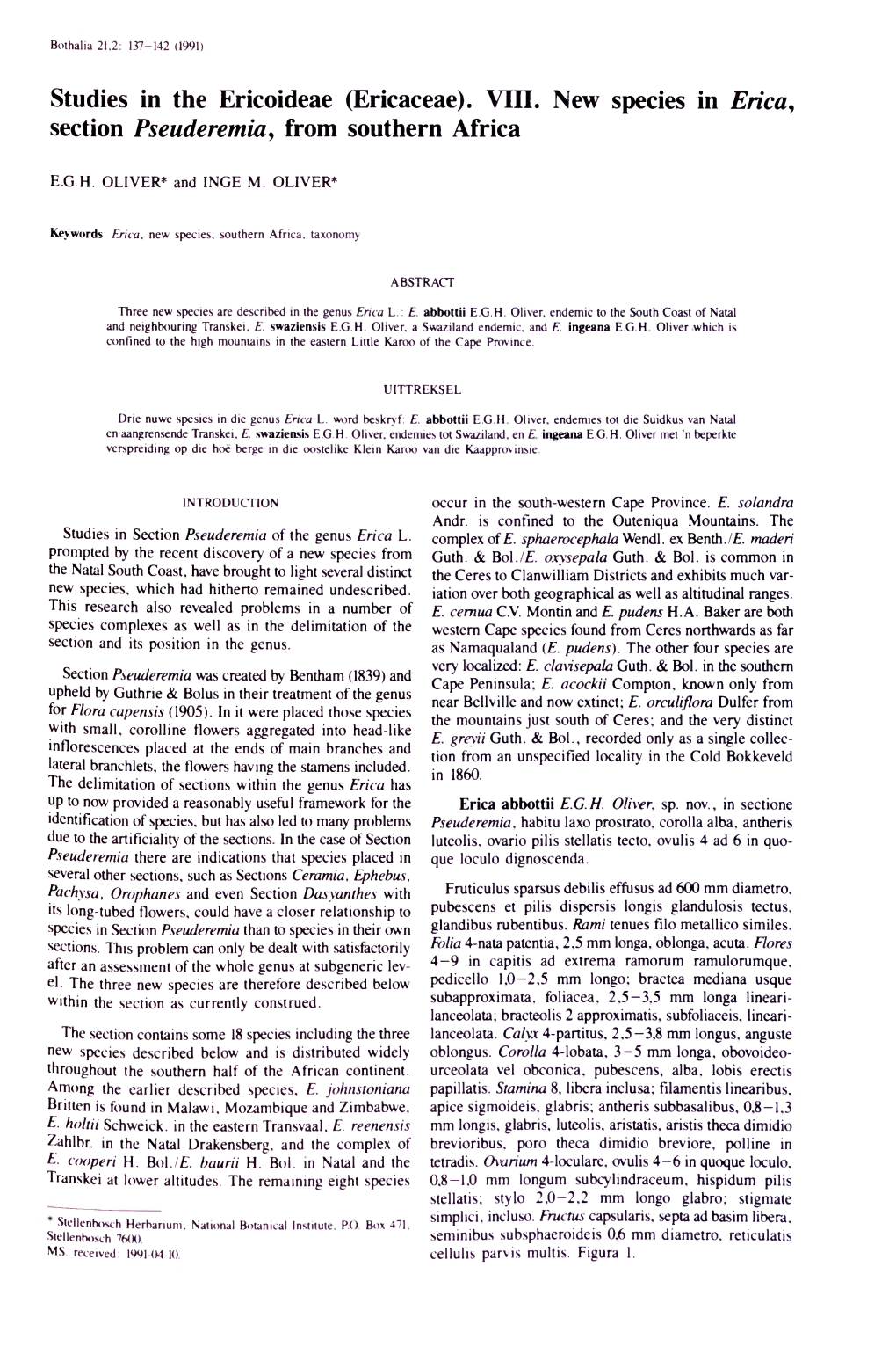 Studies in the Ericoideae (Ericaceae). VIII. New Species in Erica, Section Pseuderemia, from Southern Africa