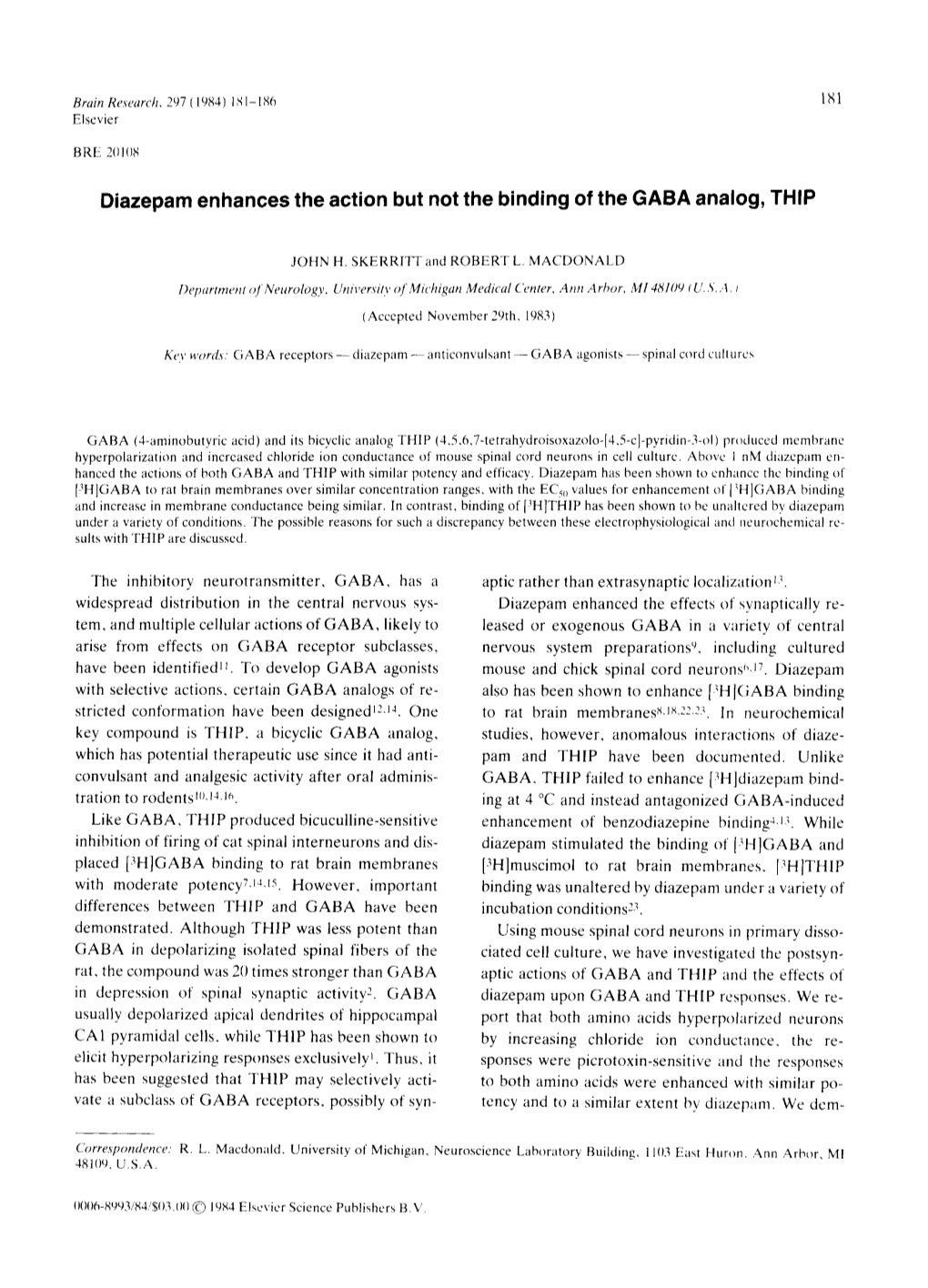 Diazepam Enhances the Action but Not the Binding of the GABA Analog, THIP