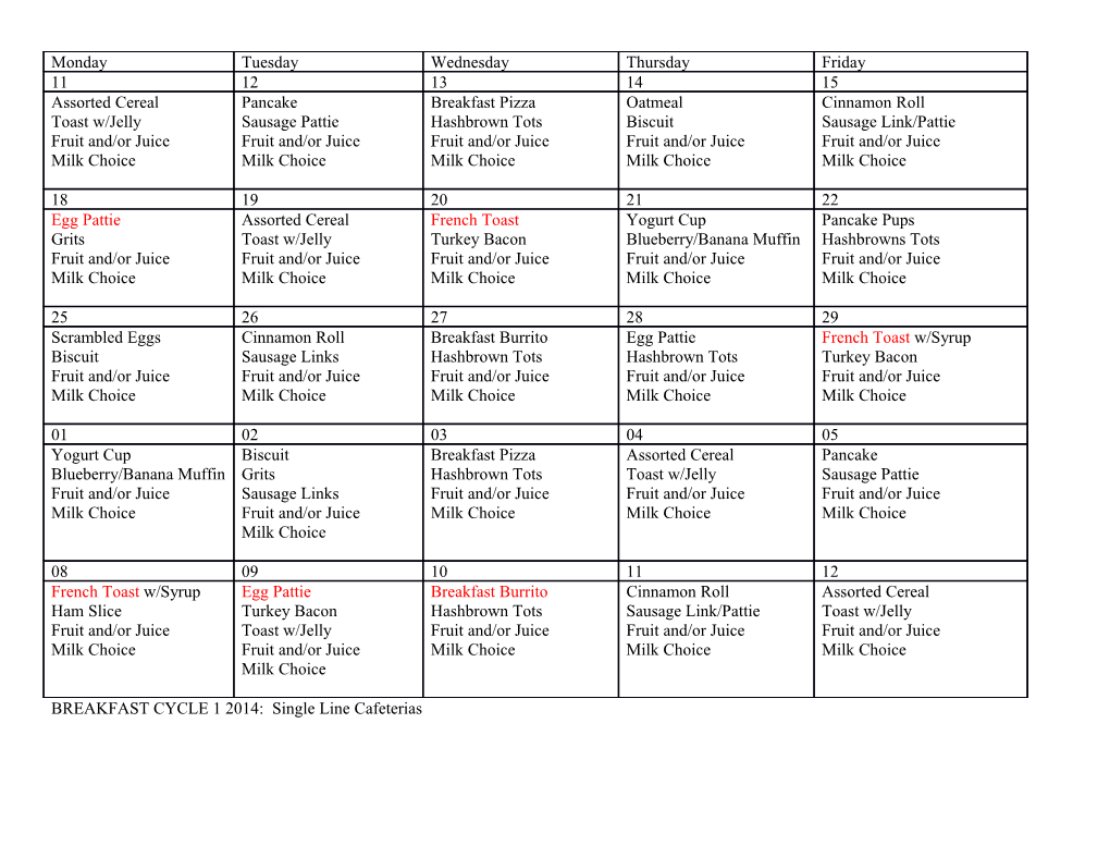 BREAKFAST CYCLE 1 2014: Single Line Cafeterias