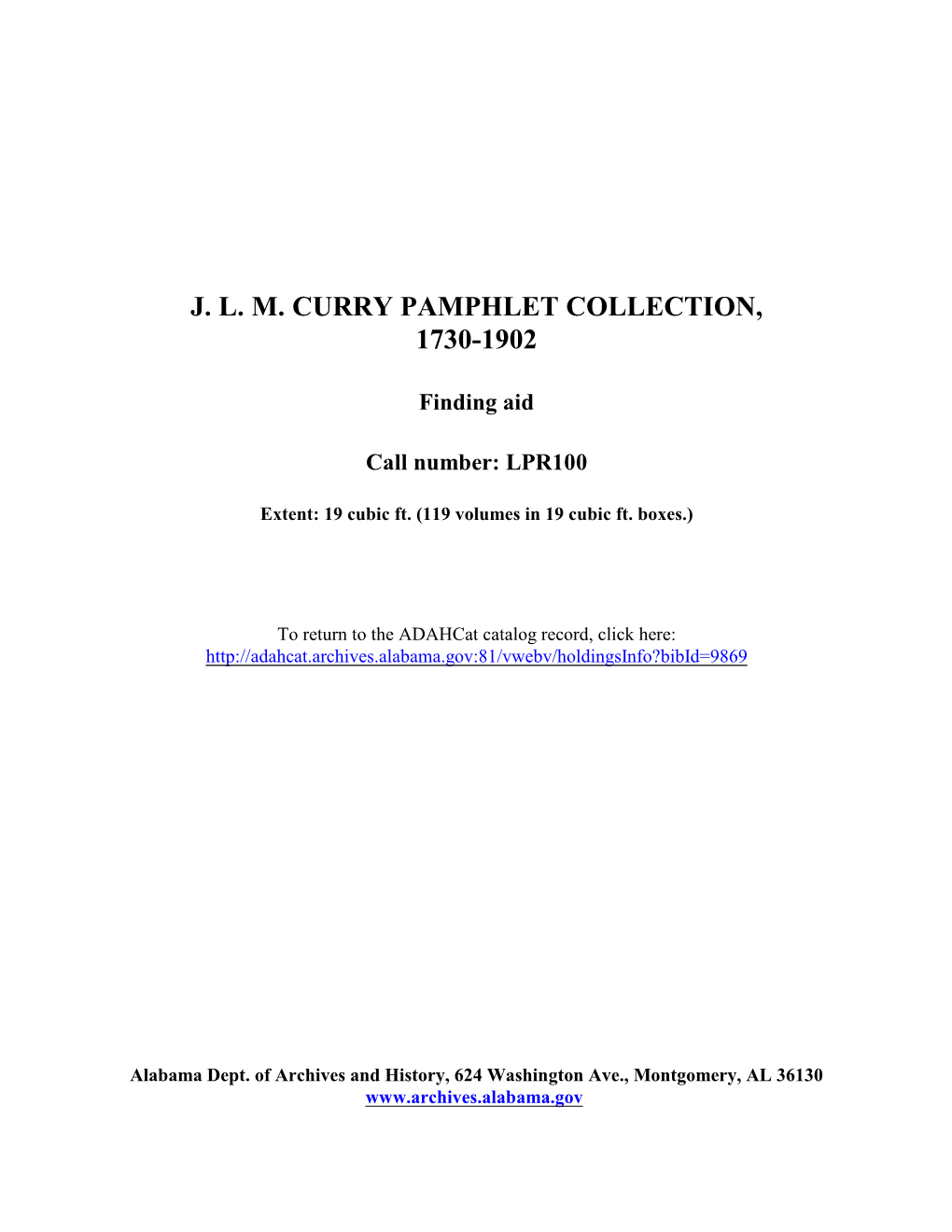 J. L. M. Curry Pamphlet Collection Finding