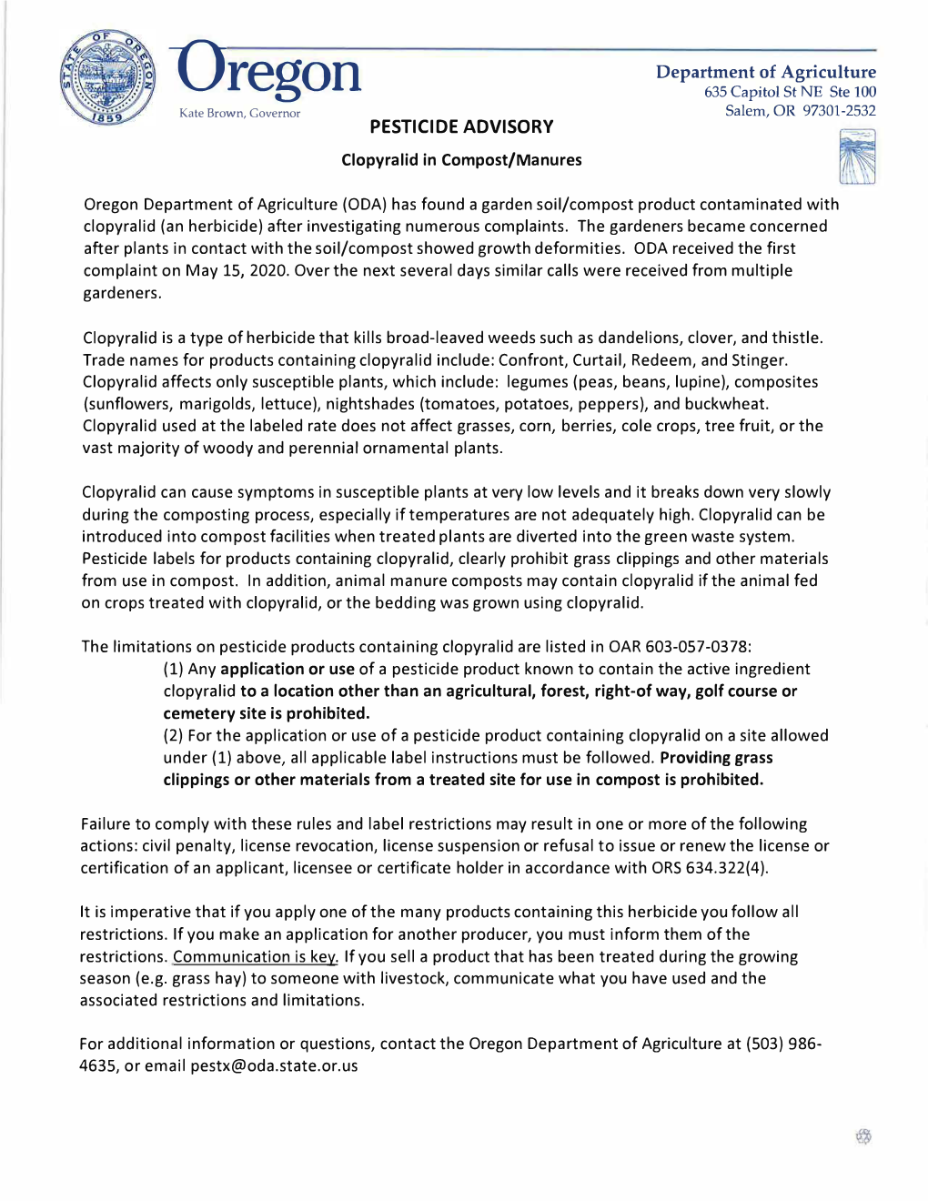 Pesticide Advisory: Clopyralid in Compost / Manures