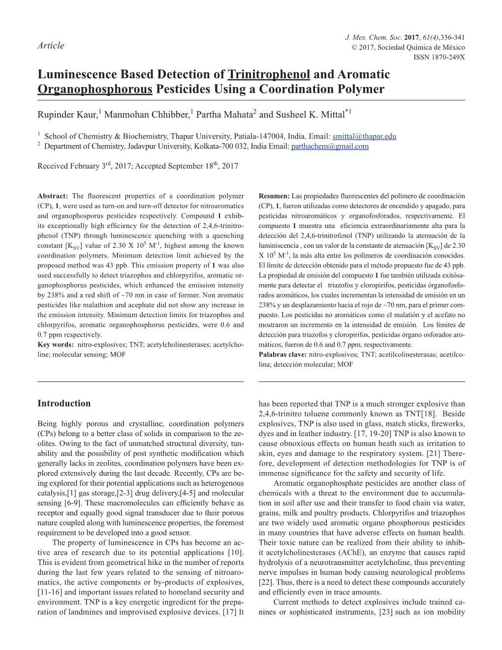 Luminescence Based Detection of Trinitrophenol and Aromatic Organophosphorous Pesticides Using a Coordination Polymer