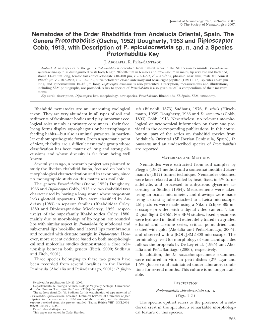 Nematodes of the Order Rhabditida from Andalucía Oriental, Spain. the Genera Protorhabditis (Osche, 1952) Dougherty, 1953 and D