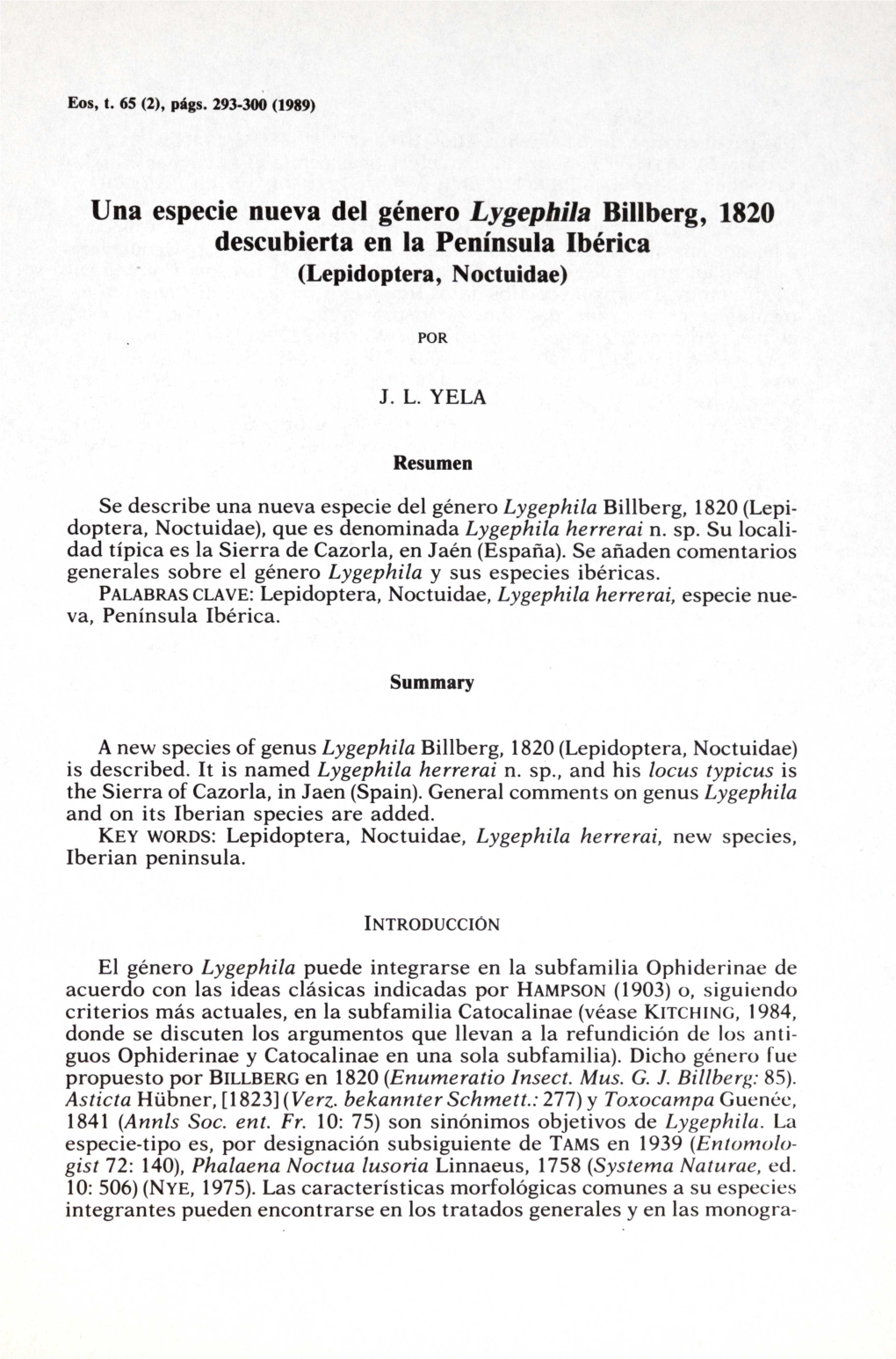 Una Especie Nueva Del Género Lygephila Billberg, 1820 Descubierta En La Península Ibérica (Lepidoptera, Noctuidae)