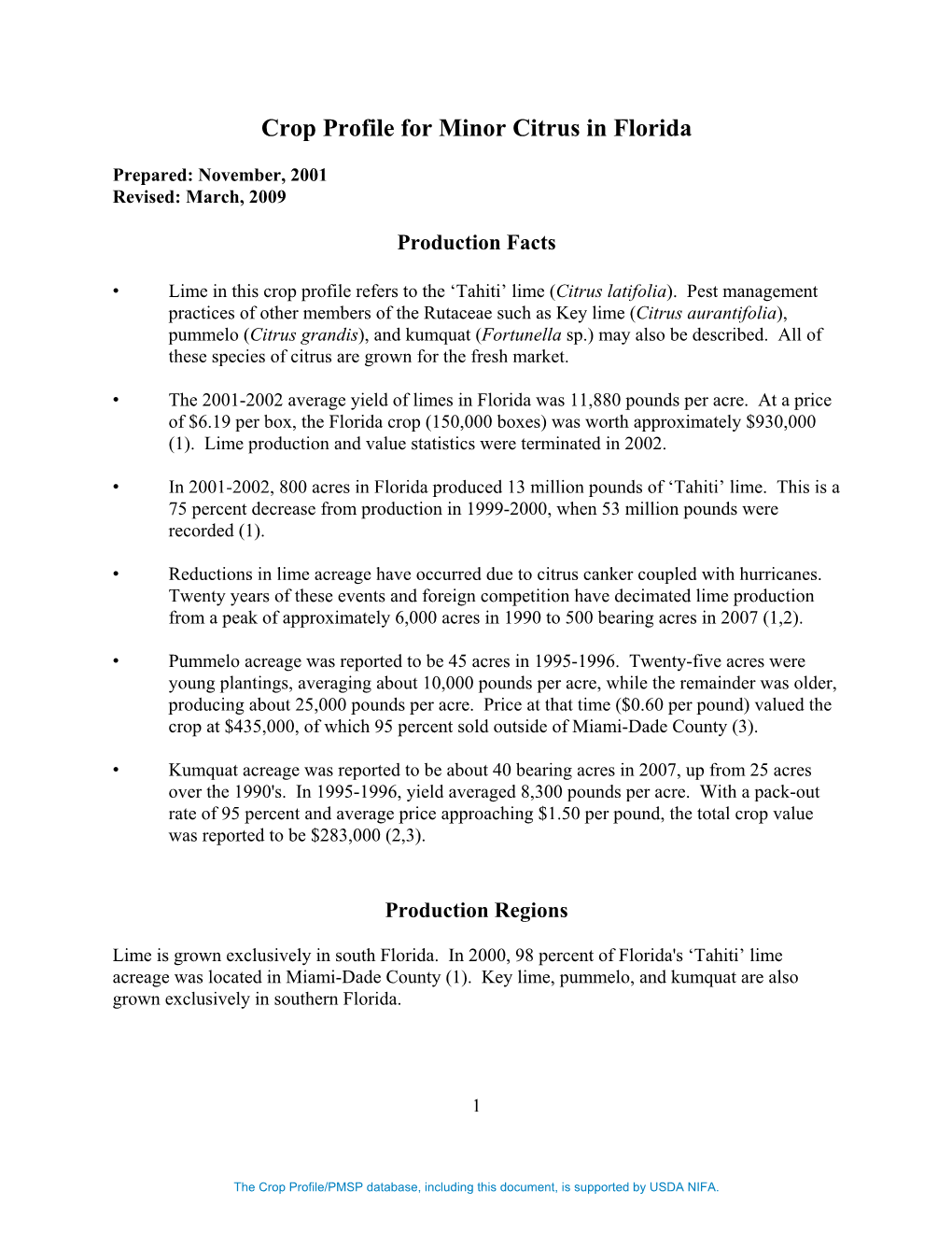 Crop Profile for Minor Citrus in Florida