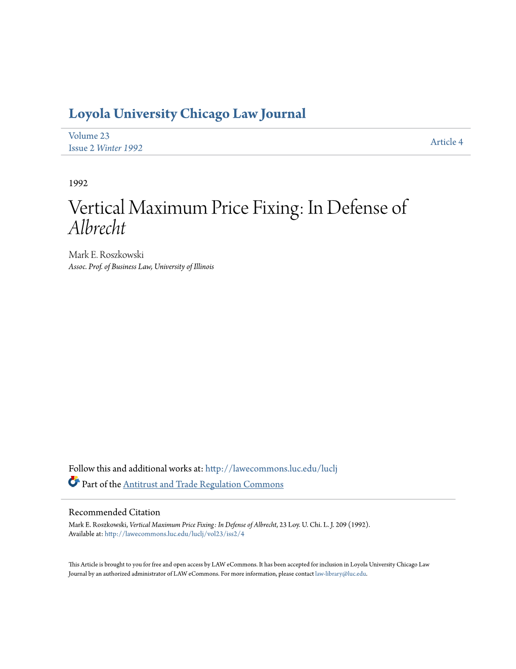 Vertical Maximum Price Fixing: in Defense of Albrecht Mark E