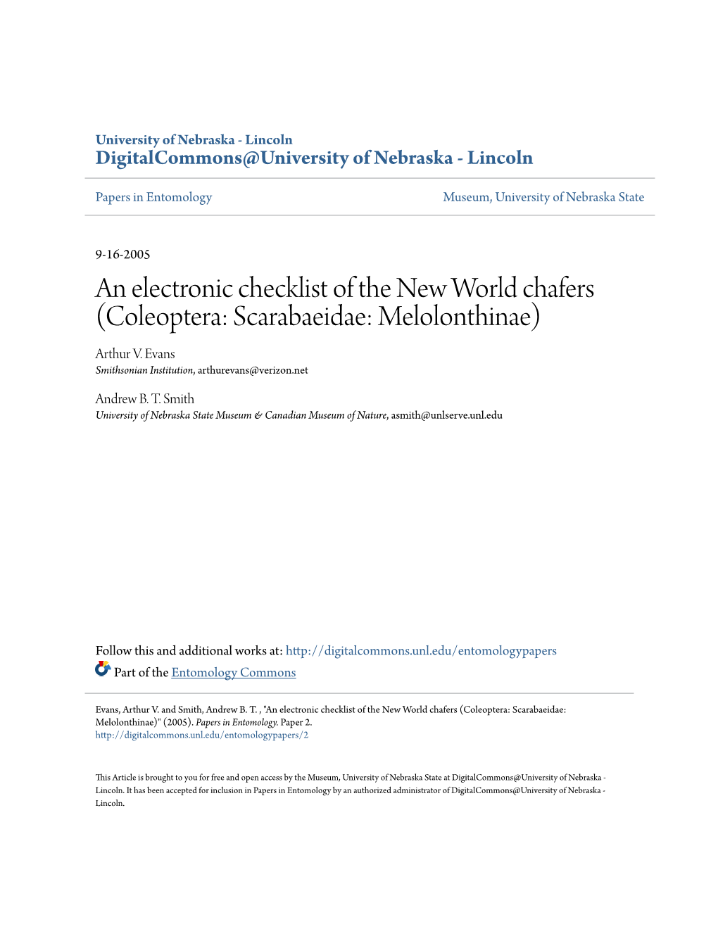 An Electronic Checklist of the New World Chafers (Coleoptera: Scarabaeidae: Melolonthinae) Arthur V
