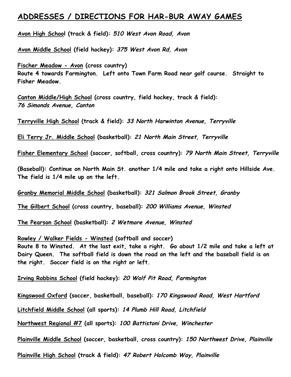 Addresses / Directions for Har-Bur Away Games