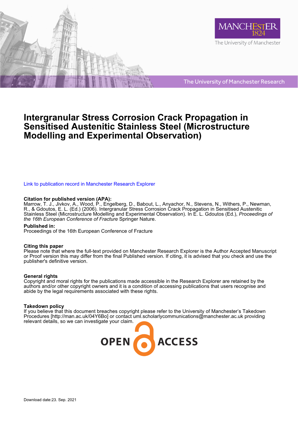 Intergranular Stress Corrosion Crack Propagation in Sensitised Austenitic Stainless Steel (Microstructure Modelling and Experimental Observation)