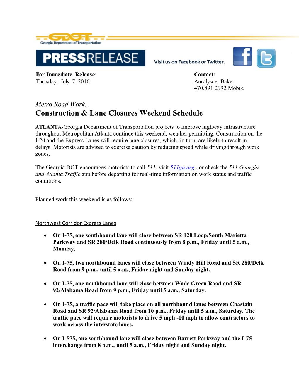 Construction & Lane Closures Weekend Schedule
