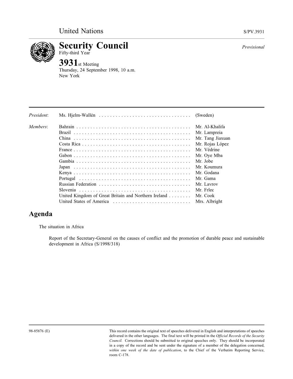 Security Council Provisional Fifty-Third Year