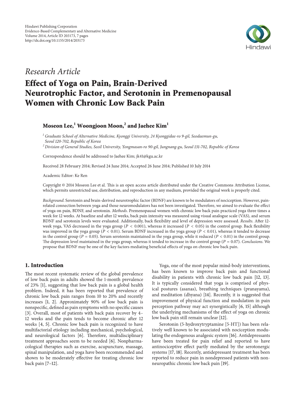 Research Article Effect of Yoga on Pain, Brain-Derived Neurotrophic Factor, and Serotonin in Premenopausal Women with Chronic Low Back Pain