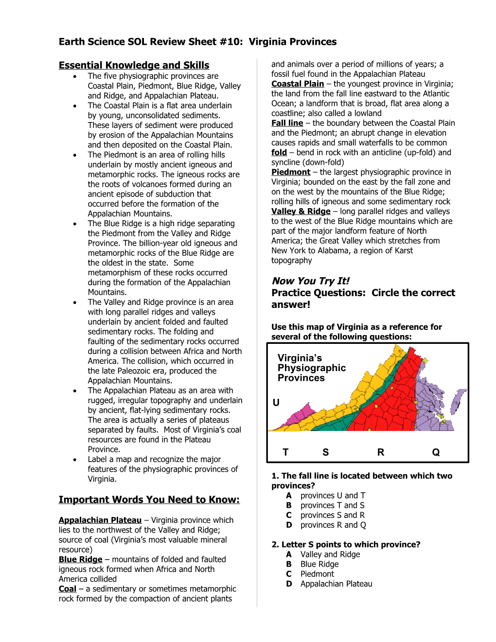 Earth Science SOL Review Sheet #1