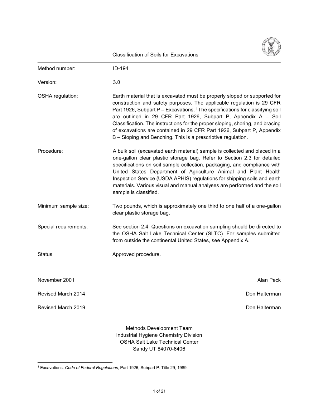 Classification of Soils for Excavations Method Number: ID-194 Version