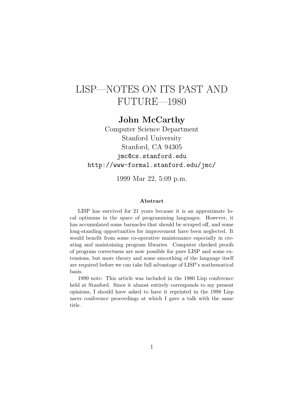 Lisp—Notes on Its Past and Future—1980