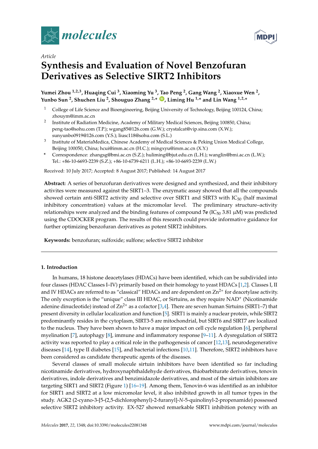 Synthesis and Evaluation of Novel Benzofuran Derivatives As Selective SIRT2 Inhibitors