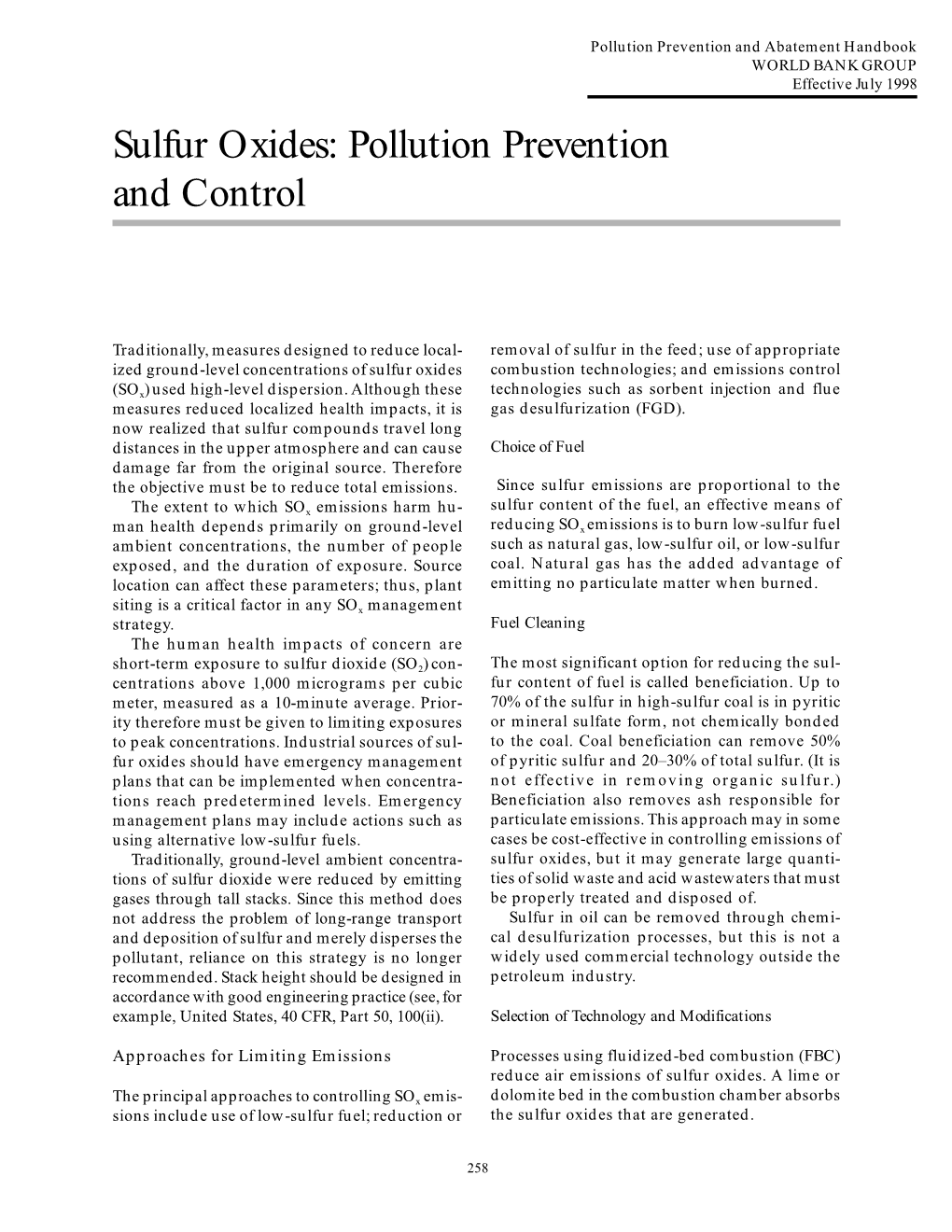 Sulfur Oxides: Pollution Prevention and Control
