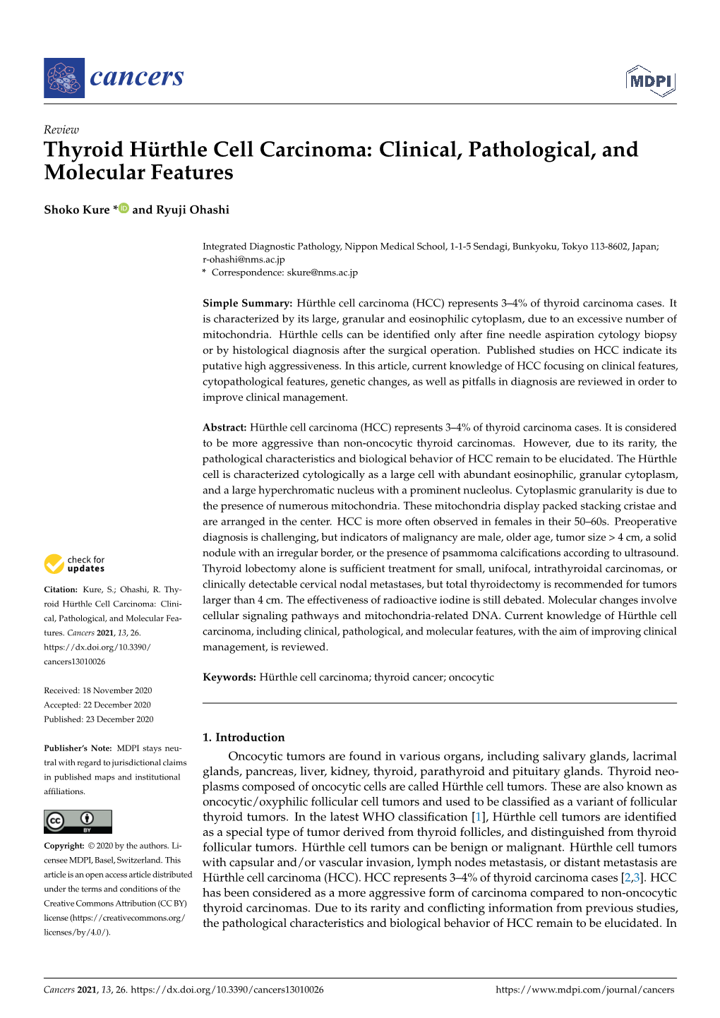 Thyroid Hürthle Cell Carcinoma: Clinical, Pathological, and Molecular Features