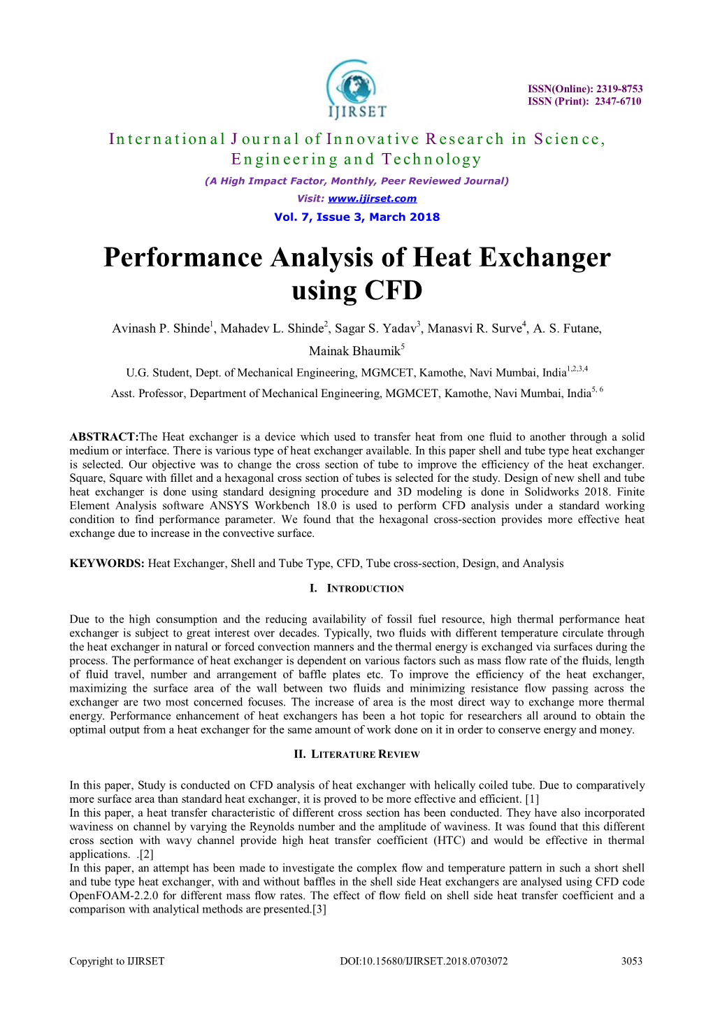 Performance Analysis of Heat Exchanger Using CFD