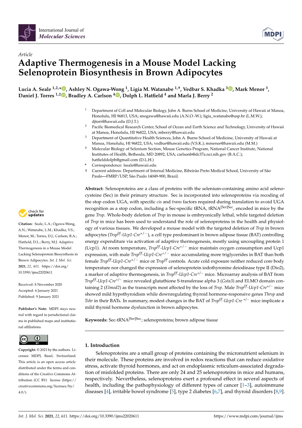 Adaptive Thermogenesis in a Mouse Model Lacking Selenoprotein Biosynthesis in Brown Adipocytes