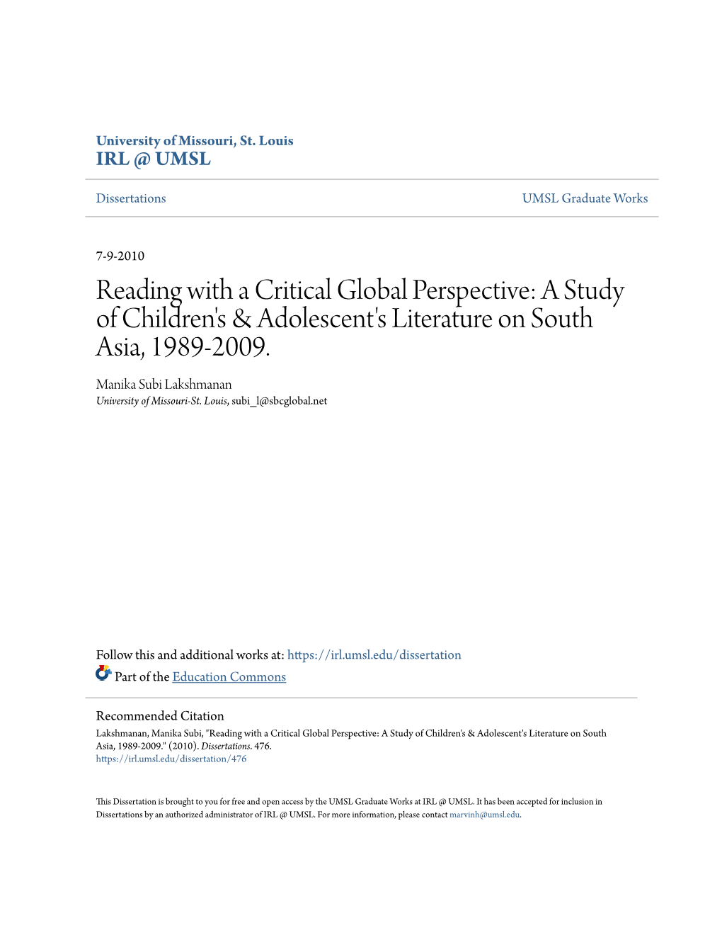 Reading with a Critical Global Perspective: a Study of Children's & Adolescent's Literature on South Asia, 1989-2009