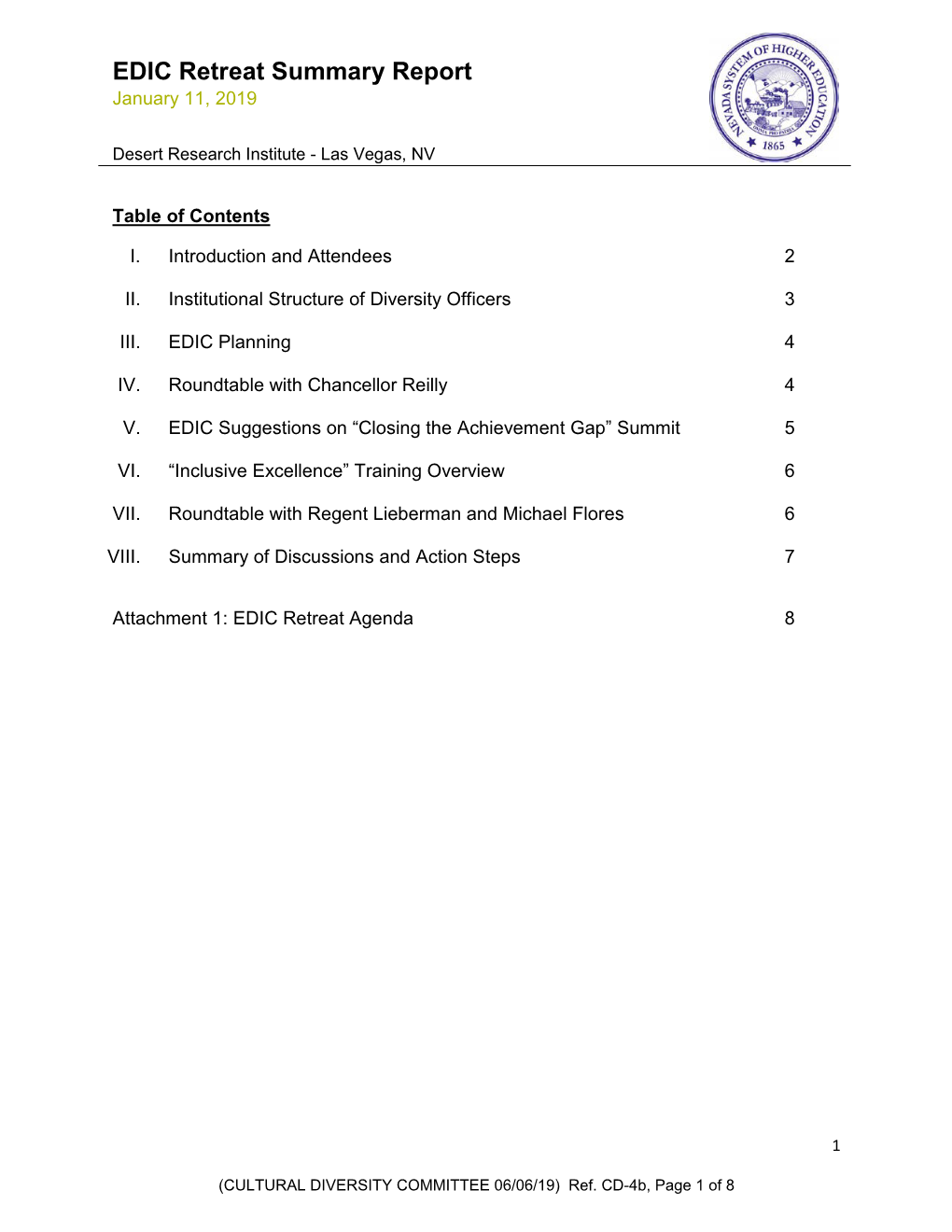 EDIC Retreat Summary Report January 11, 2019