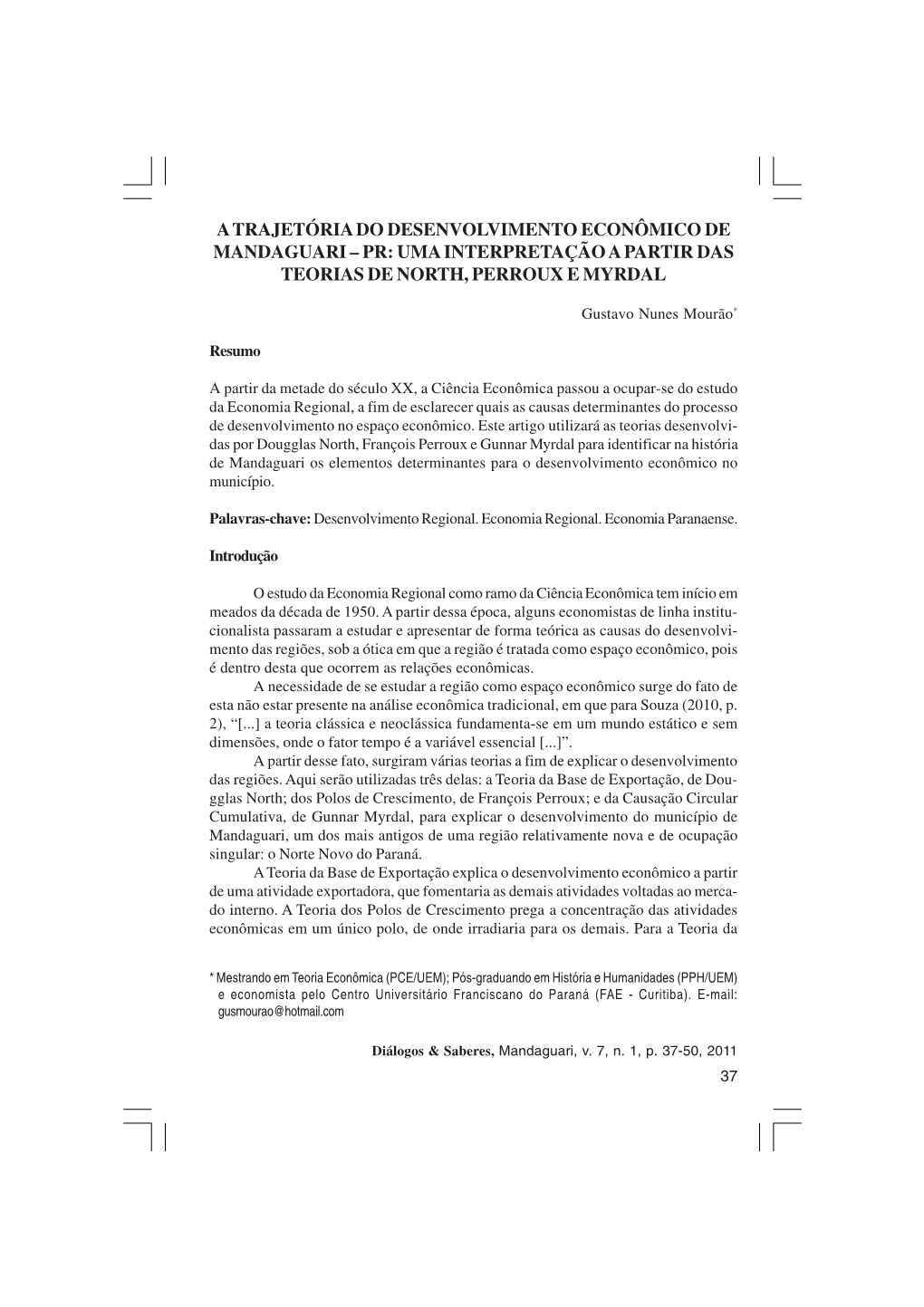 A Trajetória Do Desenvolvimento Econômico De Mandaguari – Pr: Uma Interpretação a Partir Das Teorias De North, Perroux E Myrdal