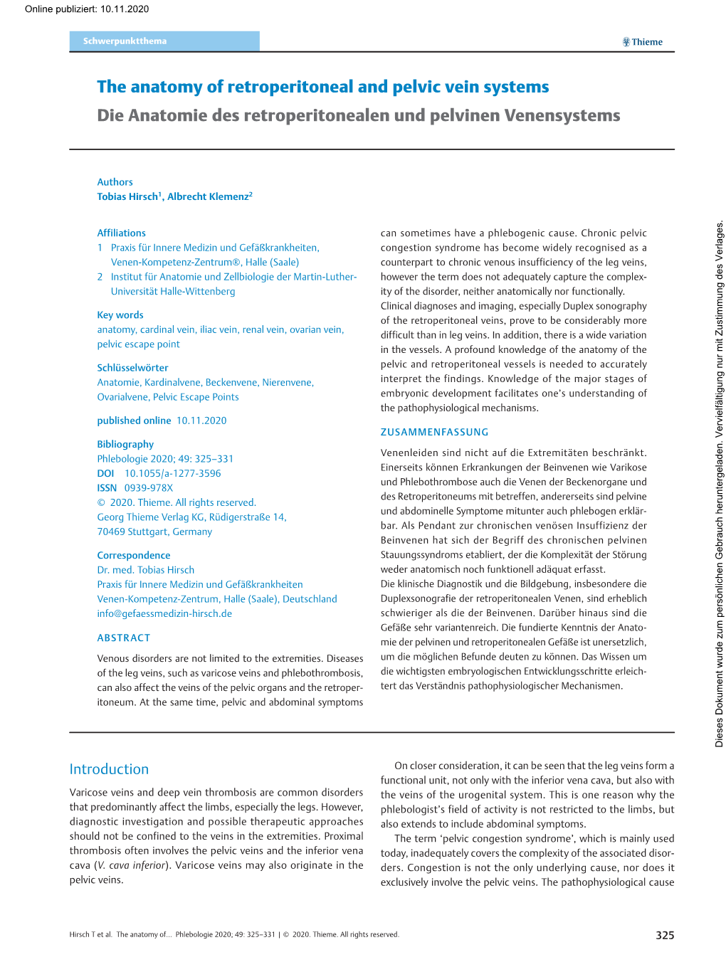 The Anatomy of Retroperitoneal and Pelvic Vein Systems Die Anatomie Des Retroperitonealen Und Pelvinen Venensystems