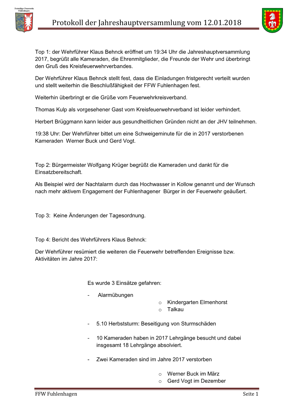 Protokoll Der Jahreshauptversammlung 2018