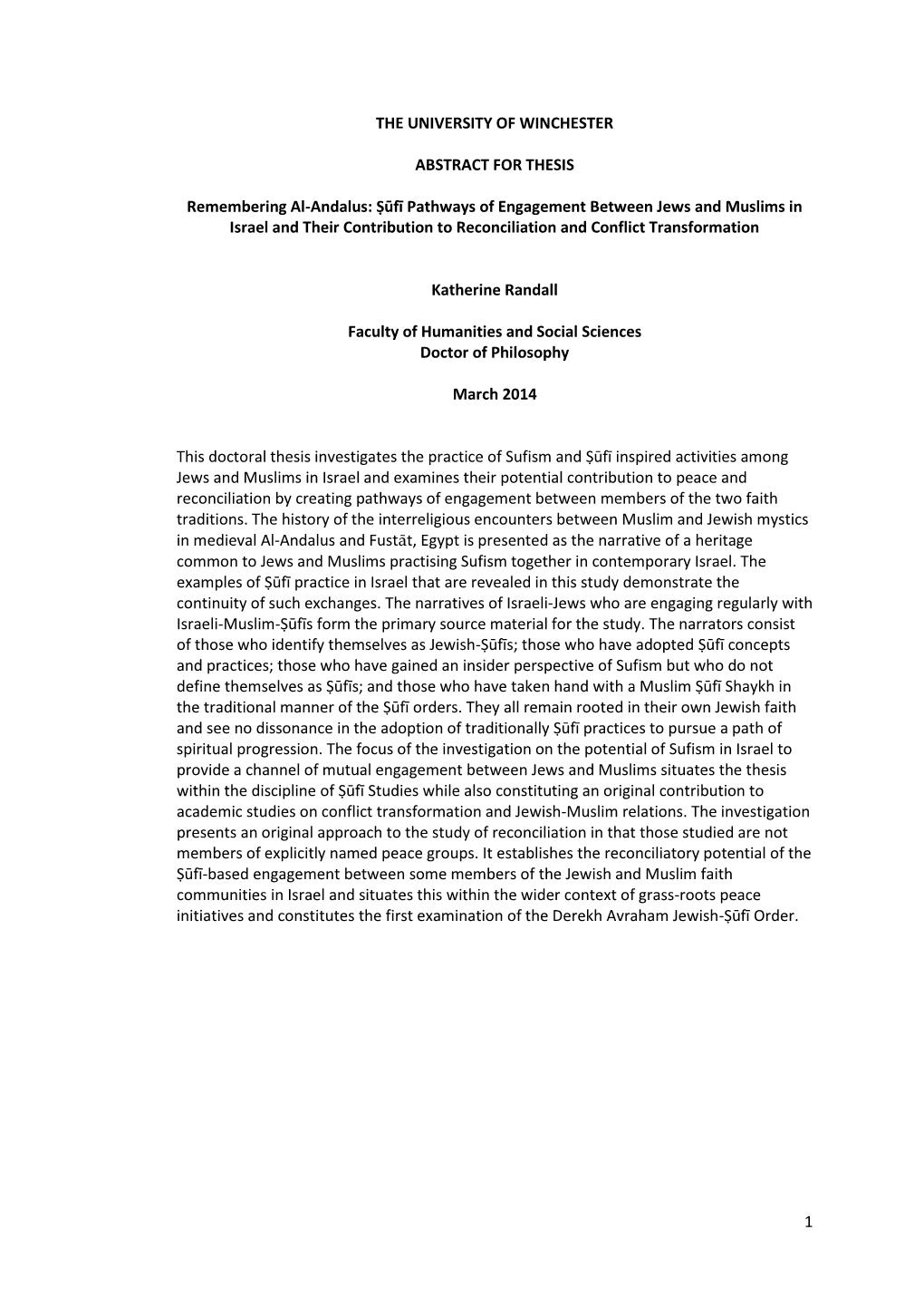 Remembering Al-Andalus: Ṣūfī Pathways of Engagement Between Jews and Muslims in Israel and Their Contribution to Reconciliation and Conflict Transformation