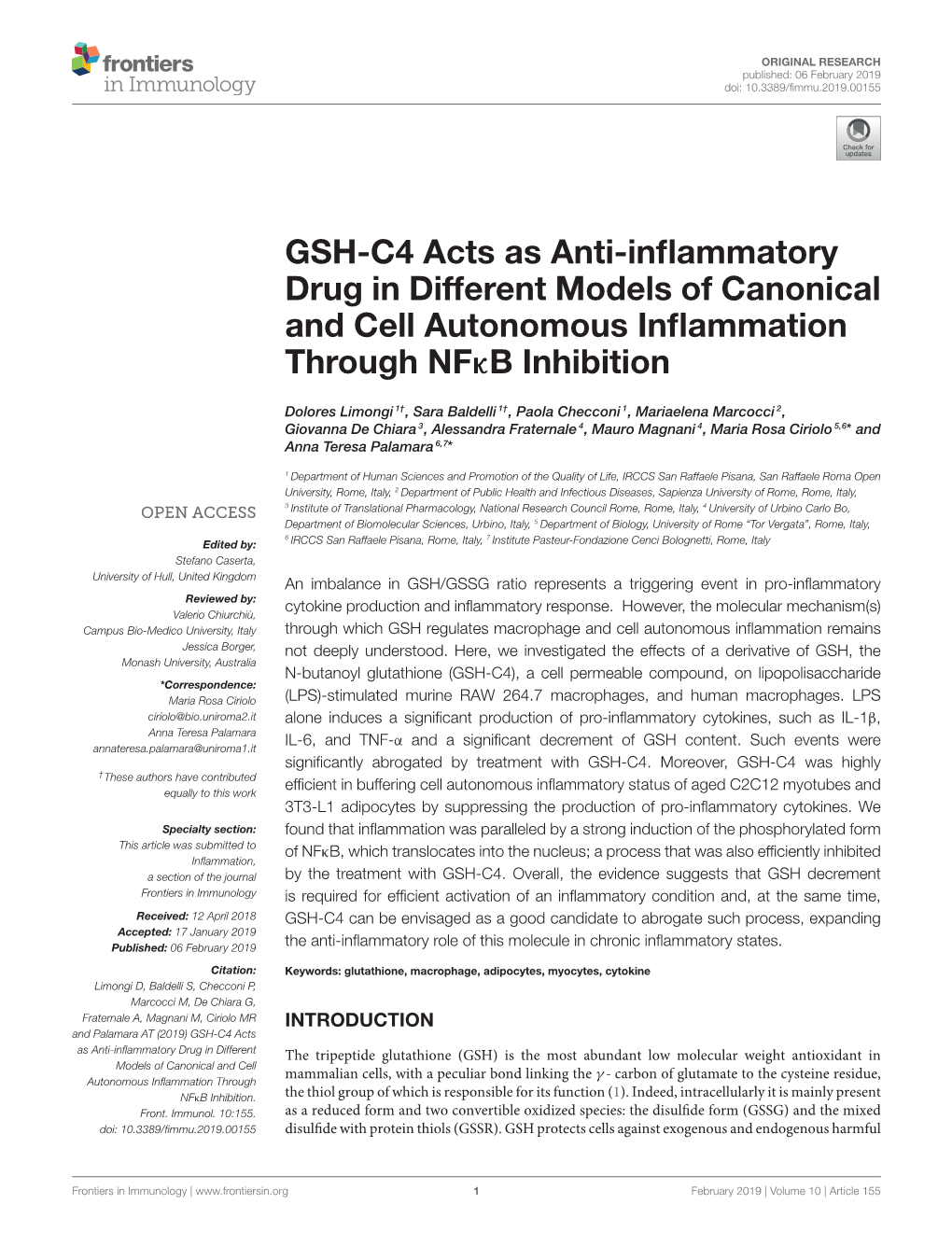 GSH-C4 Acts As Anti-Inflammatory Drug in Different Models of Canonical and Cell Autonomous Inflammation Through Nfκb Inhibition