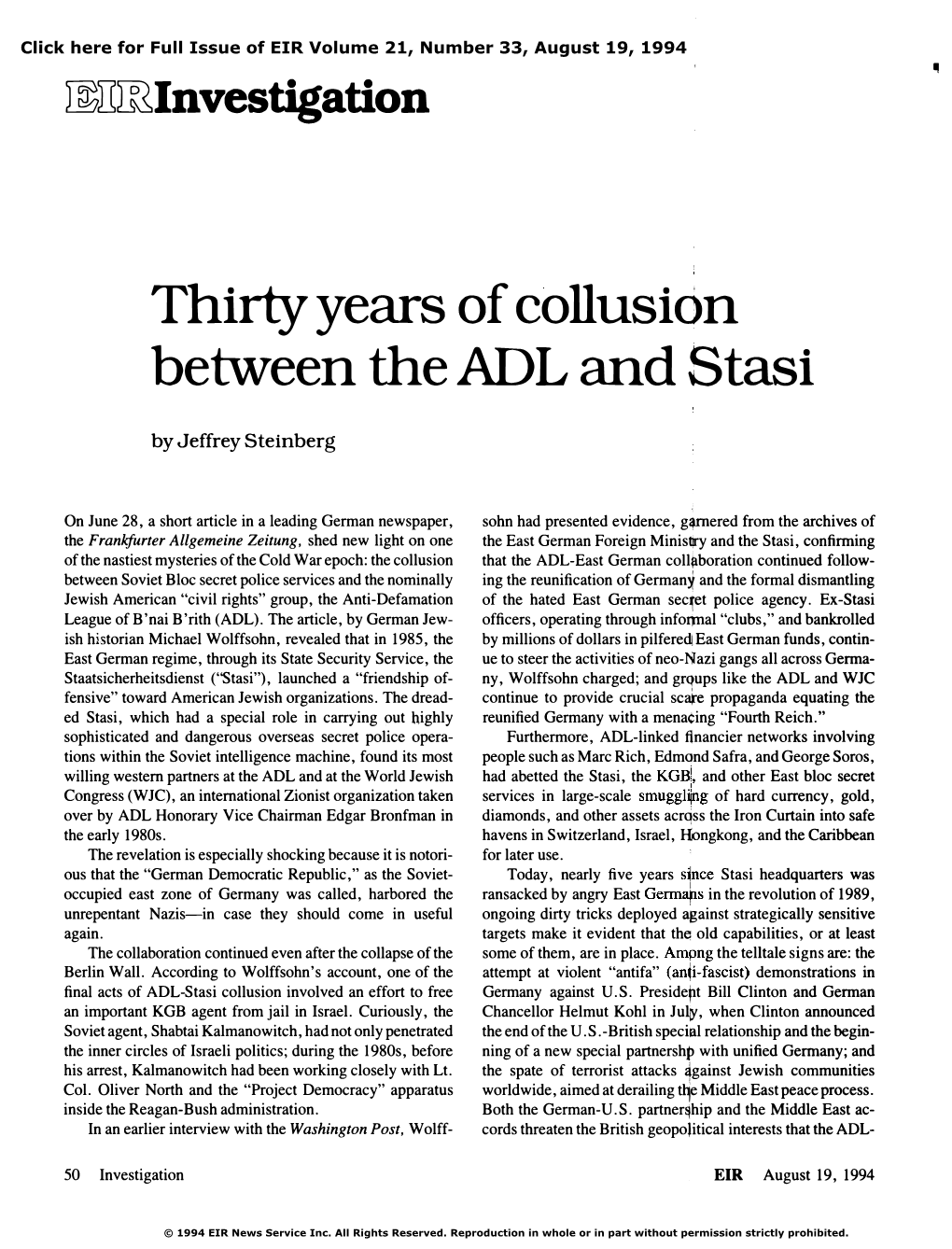 Thirty Years of Collusion Between the ADL and Stasi