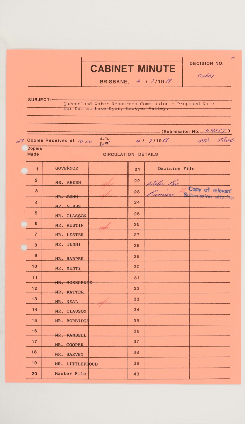 CABINET MINUTE 4Bb/ BRISBANE, 4 I 7 119 /J7