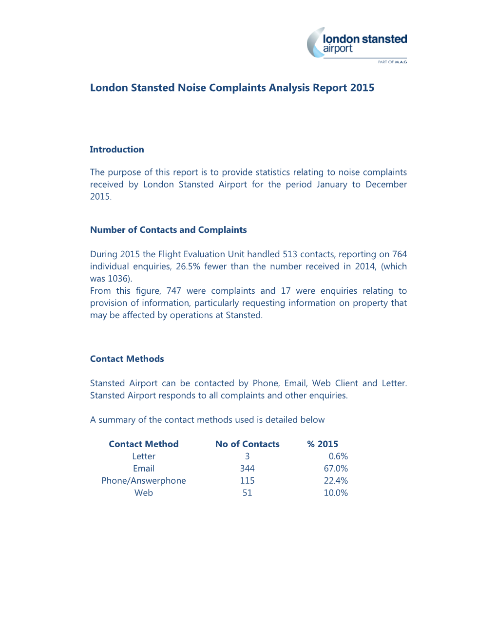 London Stansted Noise Complaints Analysis Report 2015