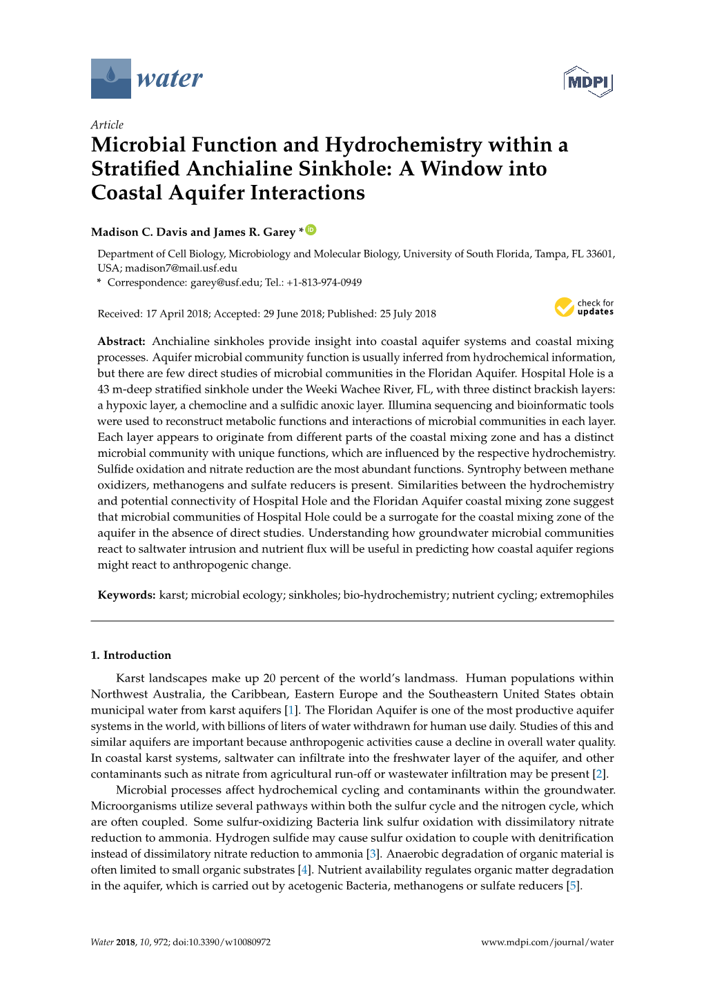Microbial Function and Hydrochemistry Within a Stratiﬁed Anchialine Sinkhole: a Window Into Coastal Aquifer Interactions
