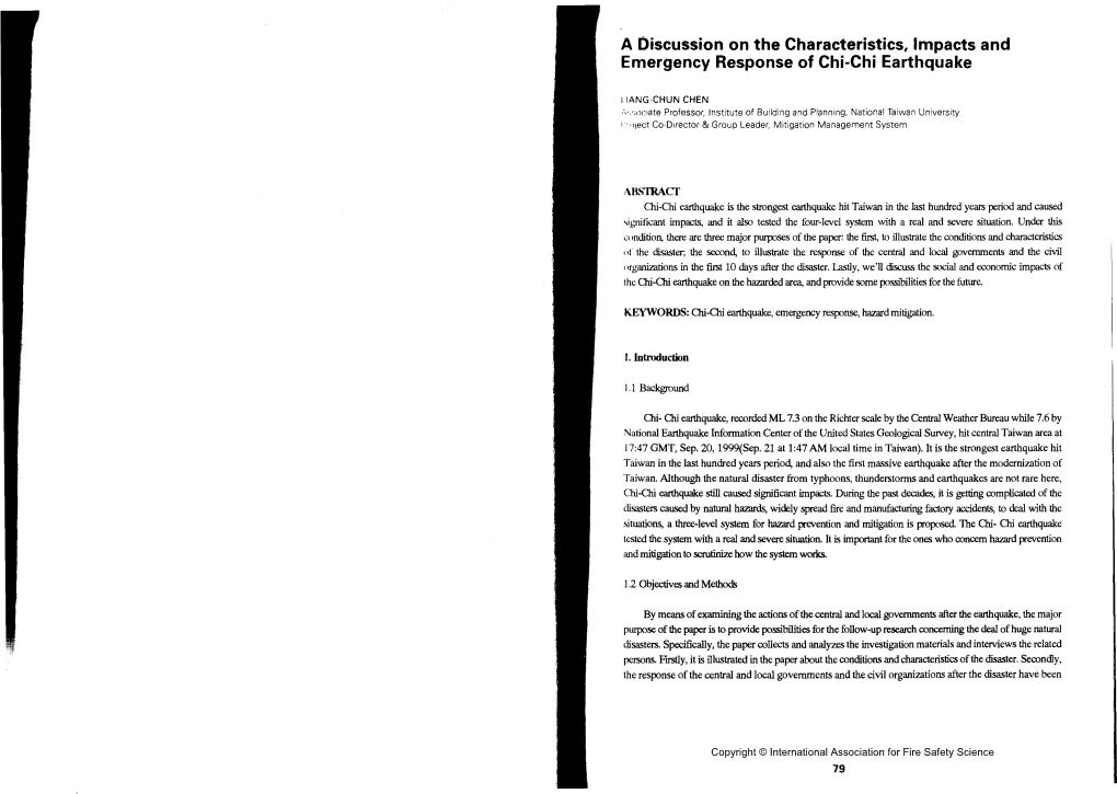 A Oiscussion on the Characteristics, Impacts and Emergency Response of Chi-Chi Earthquake