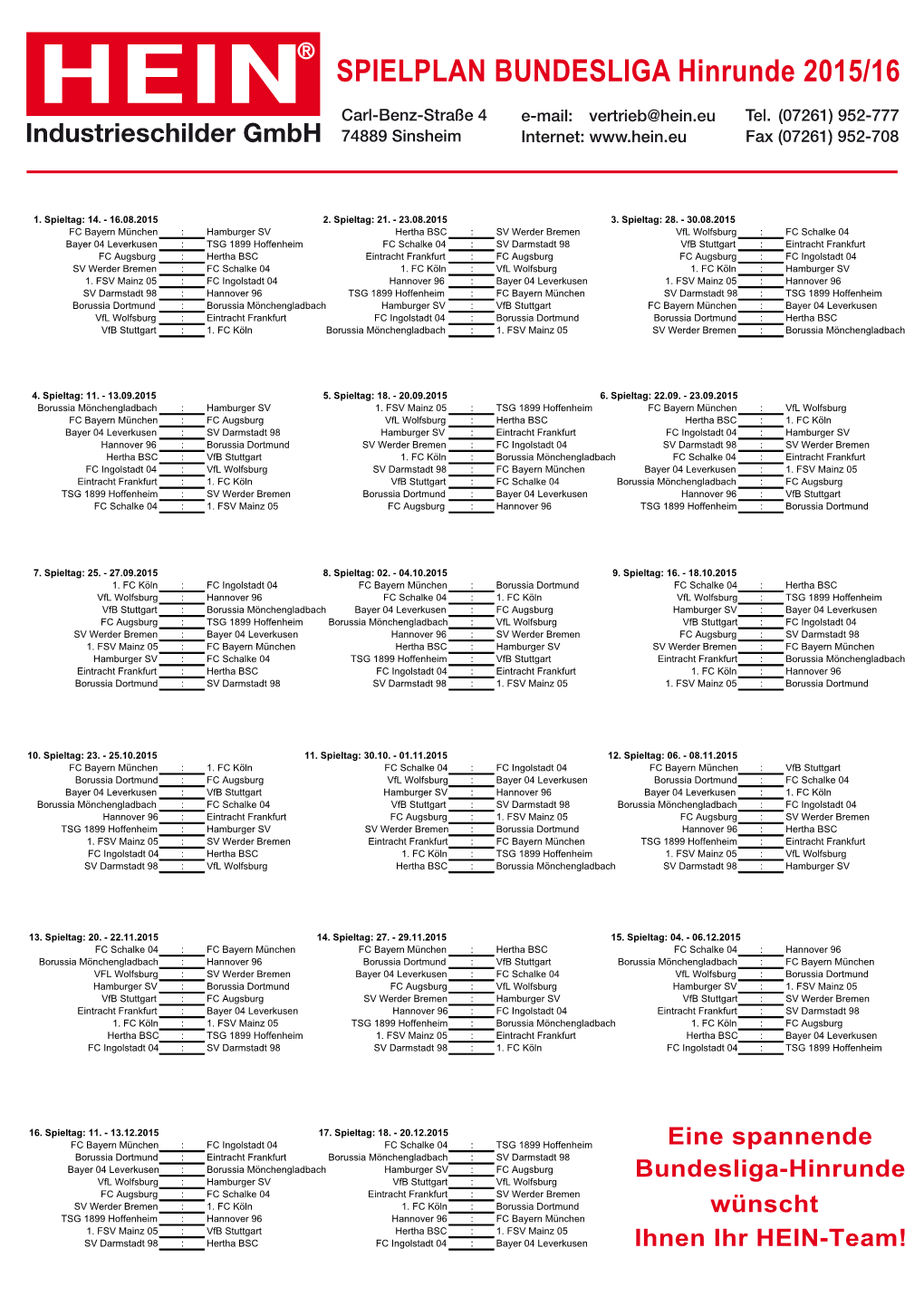 Bundesliga-Hinrundenplan 2015 2016