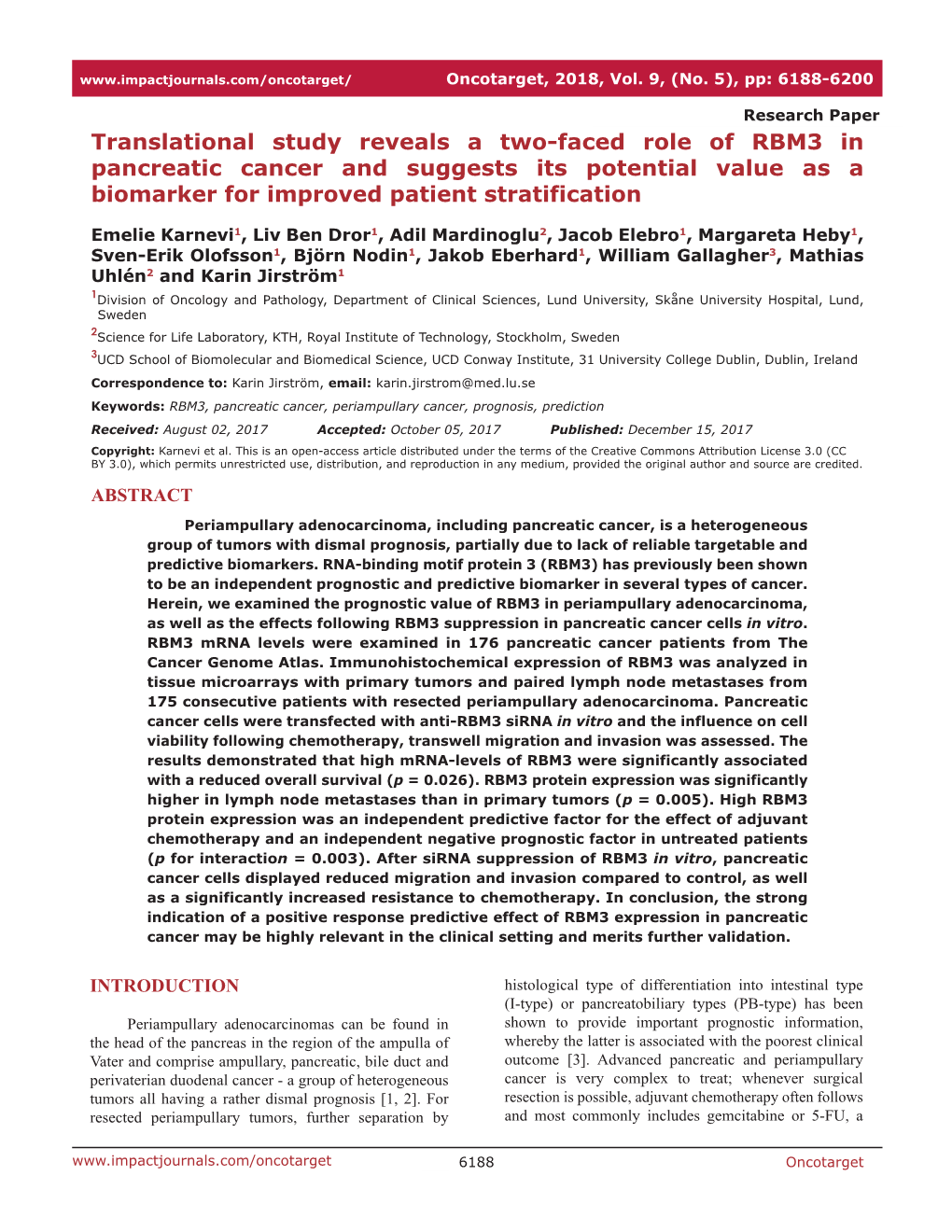 Translational Study Reveals a Two-Faced Role of RBM3 in Pancreatic Cancer and Suggests Its Potential Value As a Biomarker for Improved Patient Stratification