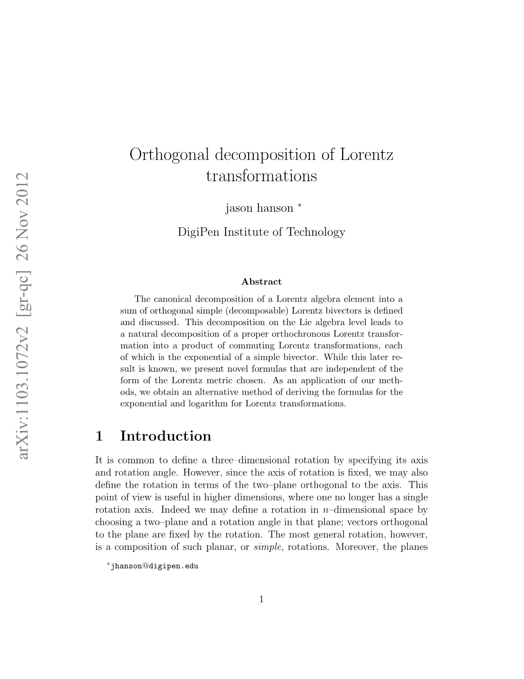 Orthogonal Decomposition of Lorentz Transformations