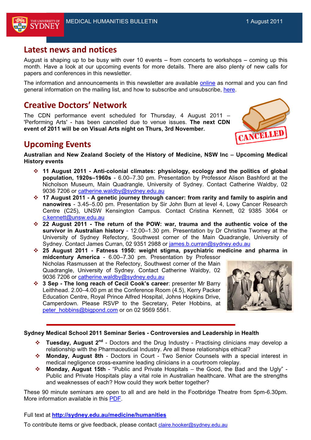 University of Sydney Medical Humanities Newsletter August 2011