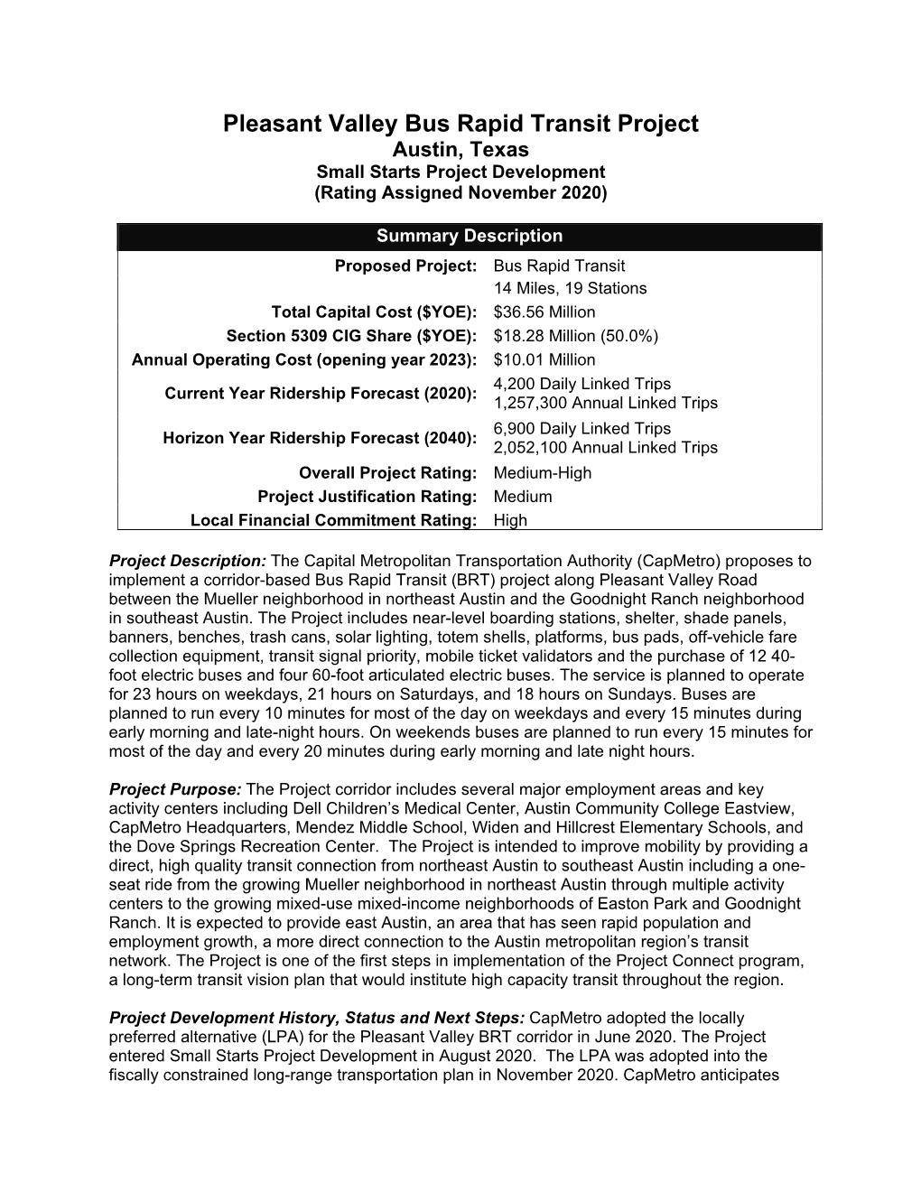 Pleasant Valley Bus Rapid Transit Project Austin, Texas Small Starts Project Development (Rating Assigned November 2020)