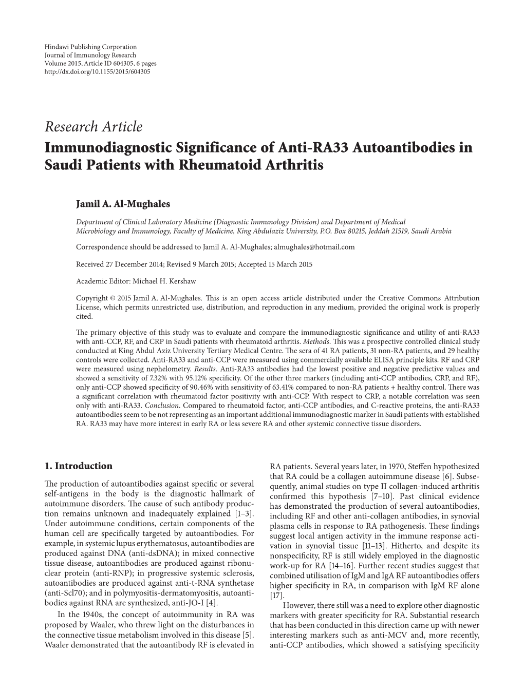 Immunodiagnostic Significance of Anti-RA33 Autoantibodies in Saudi Patients with Rheumatoid Arthritis