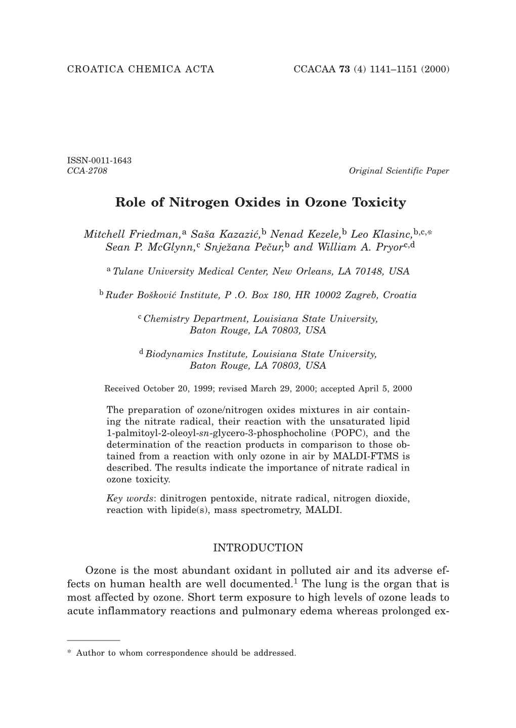 Role of Nitrogen Oxides in Ozone Toxicity