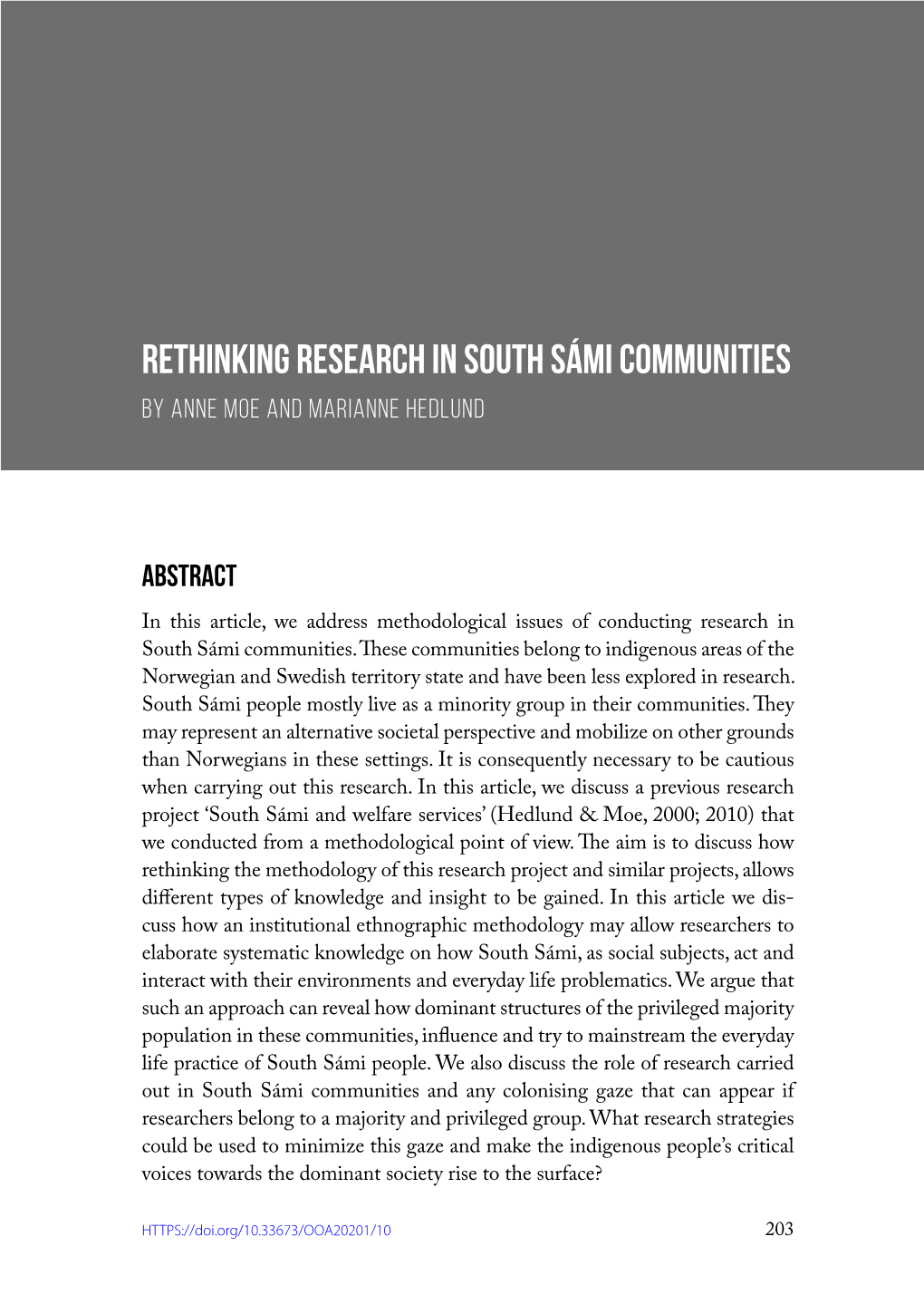 RETHINKING RESEARCH in SOUTH SÁMI COMMUNITIES by Anne Moe and Marianne Hedlund